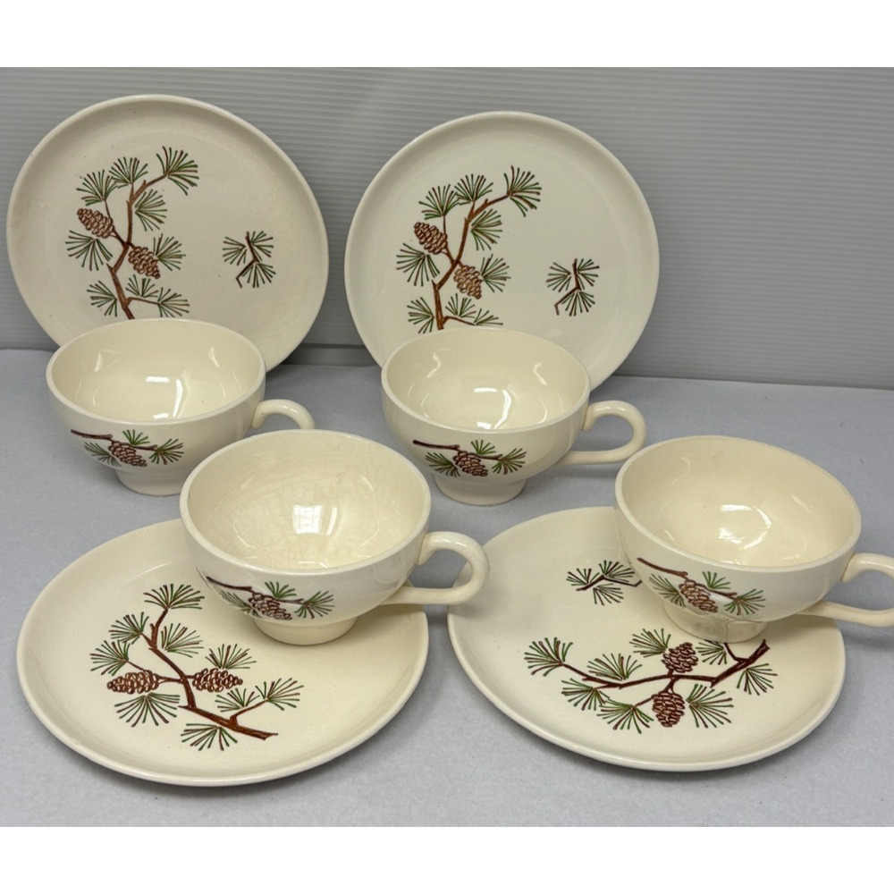 4 1960's Misty Pine Cone Stetson Marcrest Coffee Cup & Appetizer Plate‎ Made USA